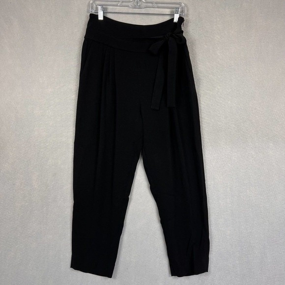 Diane Von Furstenberg Cropped Pants Size 6 Black Crepe Pleated Side Tie Pocket - Picture 1 of 16
